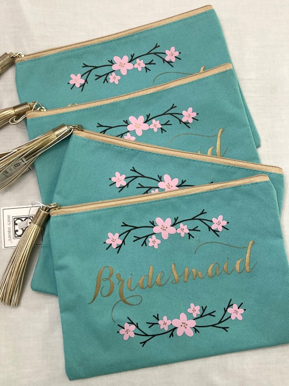 Lot of 4 NEW Mary Square Bridesmaid Zipper Pouch Turquoise Pink & Gold Gift Bag